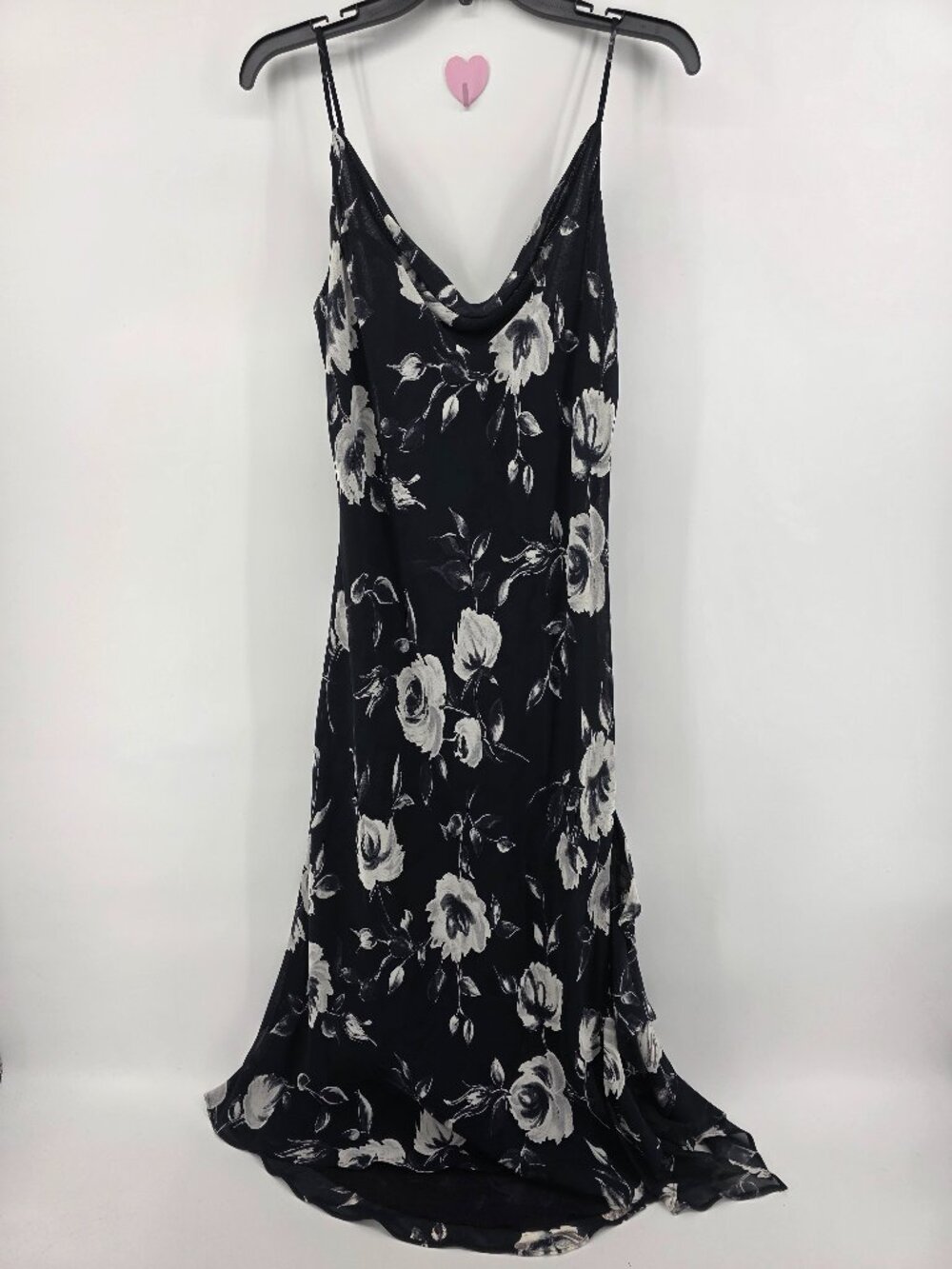 Lily Black Floral Cowl Neck Satin Slip Maxi Dress – Size L – Adjustable Straps L